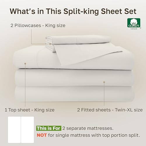 Image of California Design Den Split King Sheet Set - 500 Thread Count Sateen, 100% Cotton Split King Sheets Sets for Adjustable Bed, Deep Pockets Bedding, All Around Elastic for a Snug Fit - Eggshell Cream
