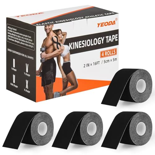 Yeoda Kinesiology Tape 4 Rolls, Original Cotton Elastic Premium Athletic Tape,16.4 ft Uncut Tape,Hypoallergenic and Waterproof for Muscle Pain Relief and Joint Support