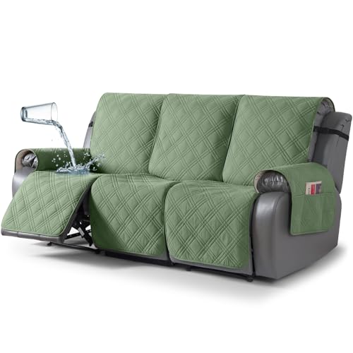 TAOCOCO 100% Waterproof Recliner Sofa Cover, Non Slip Split Couch Covers for Reclining Couches with Elastic Strap, Washable Reclining Sofa Cover Furniture Protector for Kids Pets(3 Seater, Bean Green)