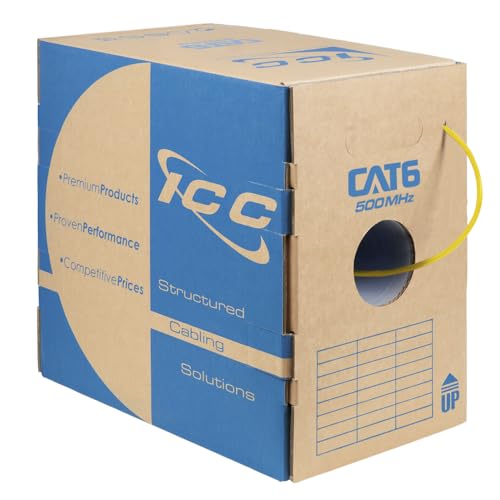 ICC Cat6 CMR Riser 1000ft - UTP 23AWG, 100% Solid Pure Copper, Unshielded, Bulk Ethernet Cable, PoE++, 500MHz, Reelex Pull Box, UL Certified, RoHS, TAA and NEC Compliant, Yellow