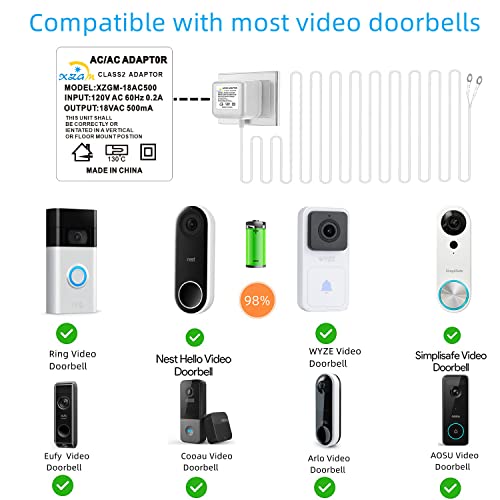 Video Doorbell Special Power Transformer, 18V500Ma Ring Doorbell Power Adapter, Compatible With Ring, Nest, Eufy, Wyze, Arlo Wireless Video Doorbell (With 315In Cable White) #TOP6