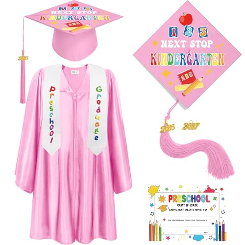 Bokon 4 Pcs 2026 Kindergarten Preschool Graduation Cap and Gown with Tassel Graduation Stole and Certificate for Toddler Kids(24 Pink)