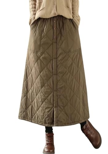 chouyatou Womens Winter Elastic Waist Padded A-Line Quilted Midi Long Puffer Insulated Skirt with Pocket
