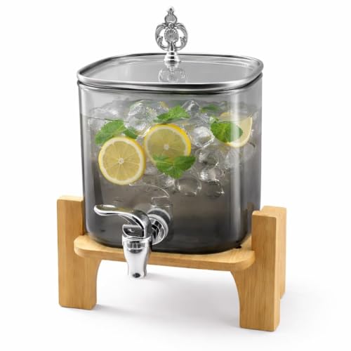 Image of 3 LTR Borosilicate Black Glass Detox Water jug Dispenser with Wooden Stand, Beverage Dispenser for Beer, Water, Cocktails, Detox Drinks & More, Perfect for Parties &,Daily Uses Set of 1