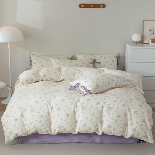 VM VOUGEMARKET King Duvet Cover Set,3 Pieces Purple Floral Duvet Cover with 2 Bow Ties Pillowcases 100% Cotton Lavender Flower Bedding Set-King,104x90 Inch