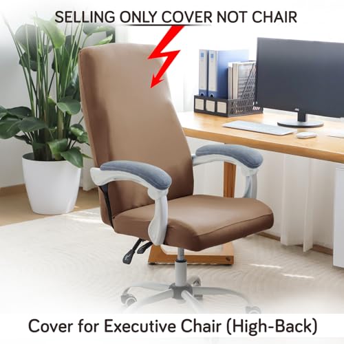 Image of HOKIPO 'SereneSolids' 140 GSM Office Chair Cover for Executive High-Back Chair - Stretchable Fabric, Washable & Anti-Slip - Fits Big & Tall Office Chairs, Dark Camel (AR-5220-DCML-L)
