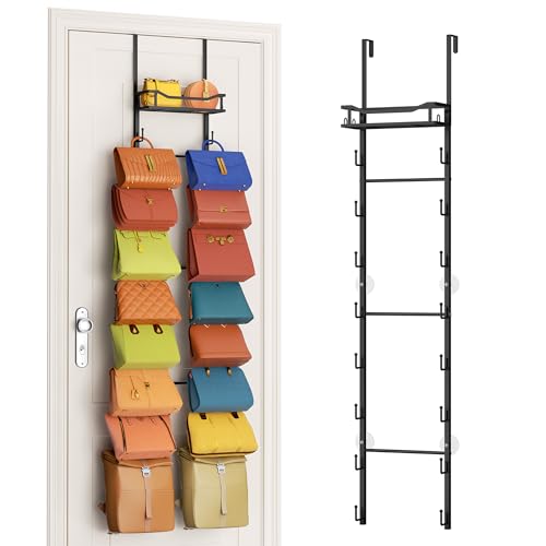 SWTYMIKI Over The Door Purse Organizer - Wall Mounted Purse Rack with 16 Hooks and Metal Basket, Hanging Handbag Storage Organizer Holds up to 16 Bags, Bag Rack Can Use As 1/2 Part, for Door, Closet