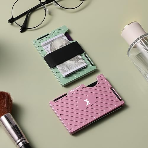 Image of Womens Wallet, Minimalist Card Holder with Cash Strap, Slim RFID Blocking Metal Front Pocket Wallet, Green, LK-05