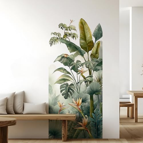 Image of PAPER PLANE DESIGN Tropical Arch Wall Mural - Peel & Stick Banana Leaf & Bird of Paradise Wallpaper - Waterproof Self Adhesive Canvas Texture for Bedroom, Living Room & Entryway, 6ft x 2.5ft (E)