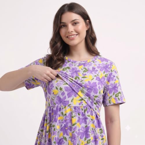 Image of Zero Clothing Feeding Dress for New Moms Casual Loungewear Ankle Length | Cotton Maternity Nighty | Zipless Feeding Dresses for Women | Pregnancy & Nursing Wear