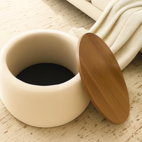 Image of Elegent Round Coffee Table with Wooden Top, Storage Ottoman Tables for Living Room, Centre Tables, Tea Tables, Farmhouse, Wood Drum Coffee Table (Cream)