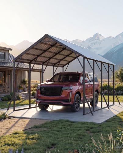 Image of Garvee 13x21 ft Metal Carport Kit, 120 Steep-Pitch Vertical Roof for Snow Shedding, 133 inch High-Clearance Full-Sized Pickup & Van Shelter, Heavy-Duty Metal Car Port with Reinforced Frame