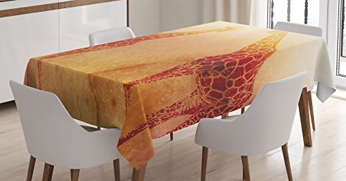 Ambesonne Safari Tablecloth, Illustration Tropic Giraffes Tallest Neck Animal Mammal in Retro Vintage Print, Dining Room Kitchen Rectangular Table Cover, 60" X 84", Orange