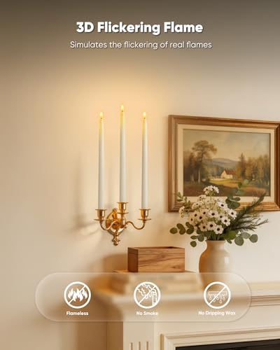 Image of Homemory 15 inches Real Wax Flameless Taper Candles with Remote Timer, 2 Pcs White LED Taper Candles Battery Operated with 3D Flickering Flame, Window Candle Led Candlesticks for Dinners Home Decor