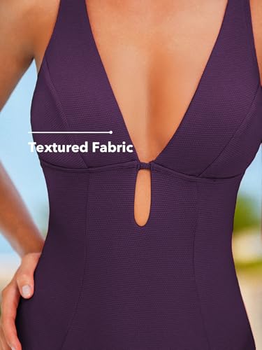 Image of CUPSHE Women's One Piece Swimsuit Deep V Neck Keyhole Cutout O Ring Textured Bathing Suit