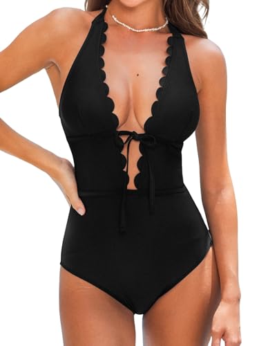 CUPSHE Women's One Piece Swimsuit Bathing Suits Halter Deep V Neck Self Tie Cutout Scalloped Swimwear, L Black