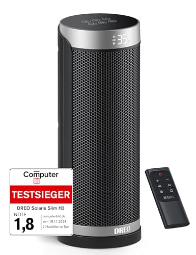 Dreo Heizlüfter Energiesparend, PTC Keramik Heizlüfte Leise, 70° Oszillierend Elektroheizung mit Fernbedienung, 12-Std-Timer, 3 Modi 3 Geschwindigkeiten, Überhitzungs-Kippschutz, Solaris Slim H3