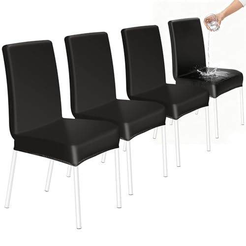 HOZKUY Juego de 4 fundas elásticas para sillas de comedor, de piel sintética, impermeables, con respaldo alto, lavables, universales, para comedor, cocina, hotel, restaurante, hogar, boda, color negro