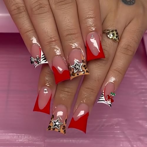 Image of NBNTGH Red French Tip Glue On Nails Leopard Print 24Pcs Glossy Reusable Artificial Acrylic Full Cover False Nails