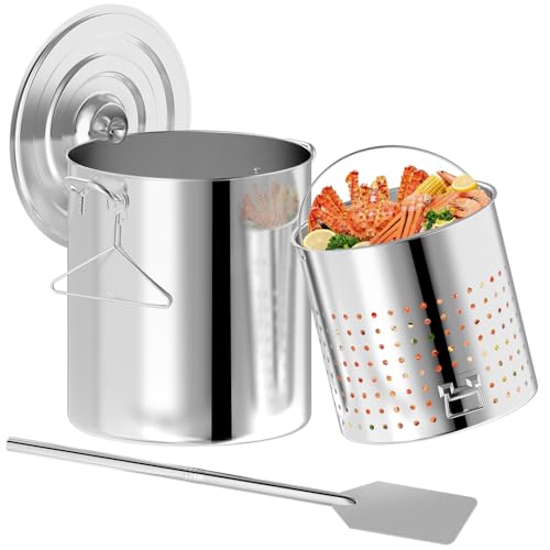 60QT Stainless Steel Seafood Boil Pot | 32 Detachable Mixing Paddle & 40QT Strainer Basket Included | Crawfish Crab Lobster Shrimp Boiler | Outdoor Stock Pot for Large Batch Cooking