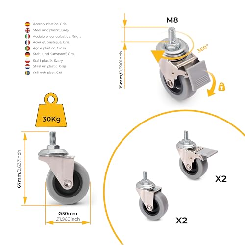 Emuca - Set aus 4 Lenkrollen für Möbel Ø50mm mit Gewindestift M8x15 und Kugellager, schwenkrollen Gummi aus grau Farbe