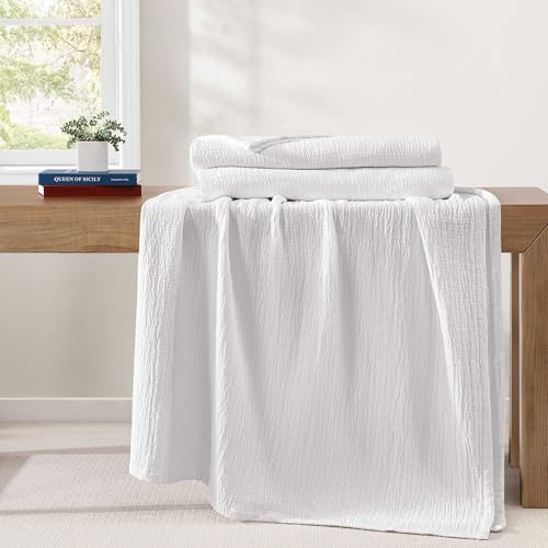 Image of Tommy Hilfiger - Queen Cotton Blanket, Woven Running Stitched Bedding, Medium Weight Soft Blanket, Anti-Pilling & Fade Resistant, Ideal for Layering, Oeko-TEX Certified (White)
