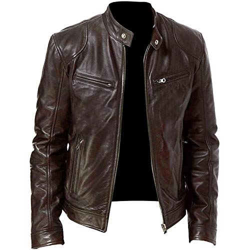 Bebling Chaqueta de cuero para hombre Cafe Racer vintage para motocicleta retro, marrón, M