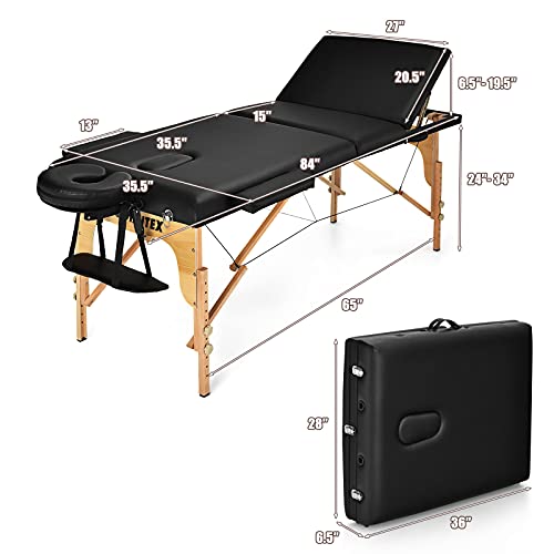 Giantex 84inch Folding Massage Table Lash Bed, Portable 3 Sections Spa Salon Tattoo Bed with Face Cradle Armrests Wooden Legs, Professional Massage Bed Height Adjustable with Carry Case (Black)