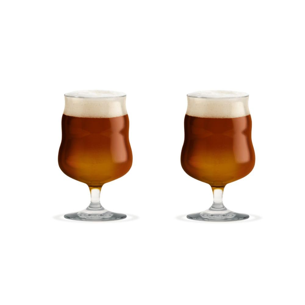 Holmegaard Mikkeller Universal Beer Glass Set, Stylish Tulip Shape with Stem for Dark & Strong Beers - 13.5 oz Machine Blown Glass, Dishwasher Safe, Elegant Craft Beer Drinkware (2-Piece Set)