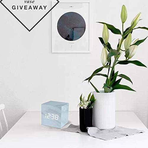Denvoe Marble Cube Clock - Digital Wooden Clock With Sound Control Date Temperature (White) #TOP6