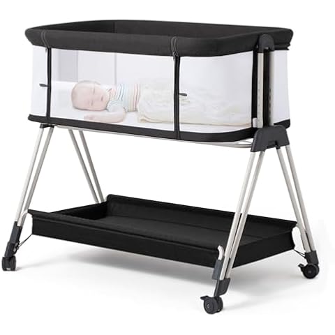 Fodoss Baby Bassinet Bedside Sleeper with Wheels and Storage Tray,4-Sided Mesh Bedside Bassinet for Infant/Newborn,7 Height Adjustable Easy Folding Bedside Crib Cover
