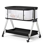 Fodoss Baby Bassinet Bedside Sleeper with Wheels and Storage Tray,4-Sided Mesh Bedside Bassinet for Infant/Newborn,7 Height Adjustable Easy Folding Bedside Crib