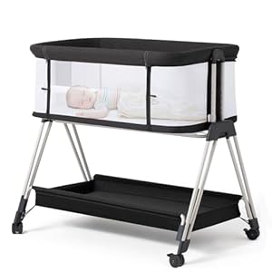 Fodoss Baby Bassinet Bedside Sleeper with Wheels and Storage Tray,4-Sided Mesh Bedside Bassinet for Infant/Newborn,7 Height Adjustable Easy Folding Bedside Crib