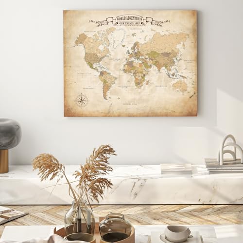 Image of DECORARTS - Large World Travel Map with Pins, Pin Board Canvas Wall Art, Antique Vintage Old World Maps for Wall, Giclee Print, Handcrafted in USA, 35x28''