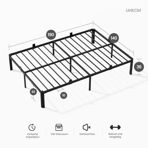 KUTAS Bett, Bettgestell 140 x 190 cm, Höhe 36 cm, mit Stauraum unter dem Bett, 14 Reihen Metalllamellen, Einfach zu Montieren, Geräuschlos, Kein Boxspringbett erforderlich, Modern, Schwarz – Bild 3