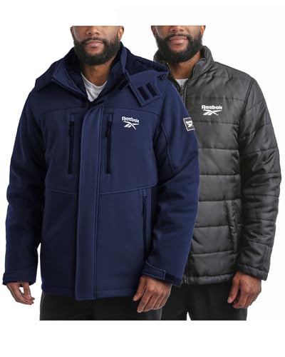 Reebok Mens Winter Coats - 3 in 1 System Hooded Softshell Windbreaker Jacket and Quilted Puffer Insulated Mens Ski Jacket, Size X-Large, Vector Navy