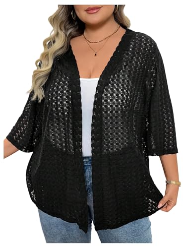 OYOANGLE Women's Plus Size Open Front Crochet Cardigan Sweater 3/4 Sleeve Knitted Outerwear