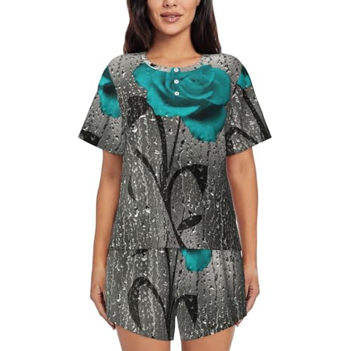 Pyjama 2 pièces femme avec poches pratiques et manches courtes gris sarcelle