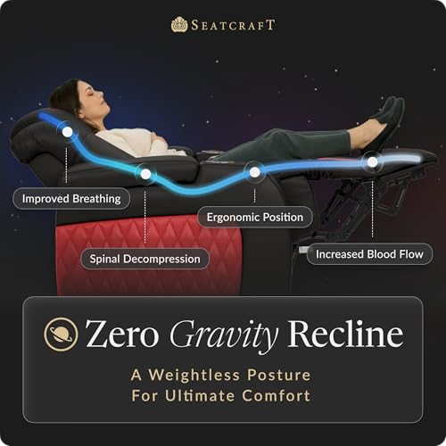 Image of Seatcraft Diamante Black /Red Italian Leather Home Theater Seating, Zero Gravity Power Recliner, Gaming and Home Office Chair, Powered Headrest Furniture for Cinema Room, Row of 5 Dual Loveseats