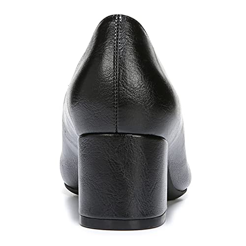 FOWT Women's Classic Black or Two Toned Side V Cut Loafers Ladies Round Toe Mid Chunky Heel Pumps Simple Style Slip On Unisex Shoes for Work Office School 4-16 US Size3