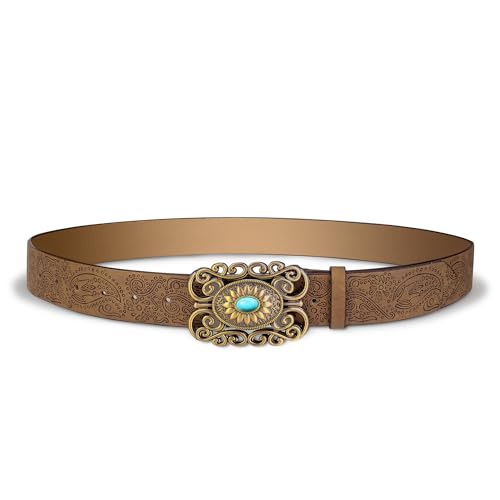 FALETO Women's Western Belt Turquoise Buckle Vintage Embossed Leather Belt for Cowgirl Jeans Dress Rodeo Country Concert3