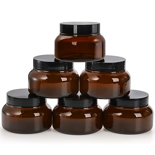 Yarlung 16 Pack 8 Oz Plastic Containers with Lids, Brown Body Butter Containers Empty Refillable, Amber Body Scrub Jars Round Low Profile Samples Jars for Lotion, Sugar Scrub, Cream3