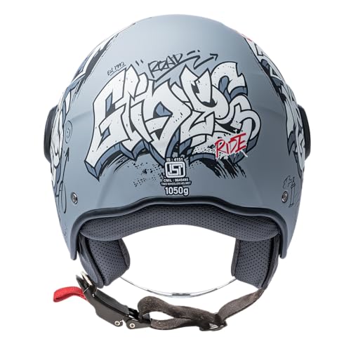 Image of Gliders Jet Trio D3 ISI Certified Open Face Graphic Helmet with Peak and Clear Visor (Matt Nardo Grey with Off White, L)