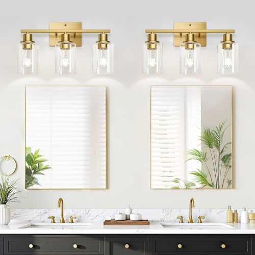 Image of MOKATNG 3-Light Bathroom Light Fixtures, Vanity Light with Clear Glass Shades, Brushed Gold Bathroom Light Fixtures Over Mirror, Modern Bathroom Wall Lamp for Mirror Living Room Cabinet Bedroom