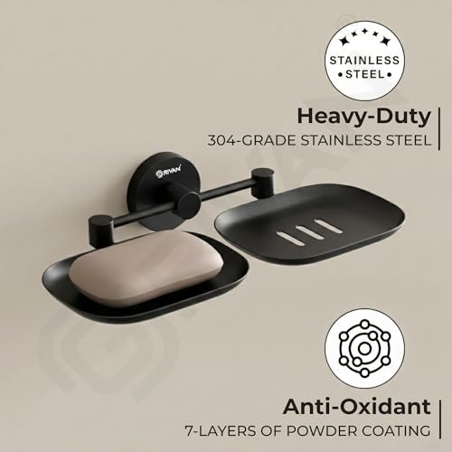 Image of GRIVAN Stainless Steel Dual Soap Holder | Round Shape Soap Stand for Bathroom | Wall Mounted Corrosion-Free Black Matte Soap Dish