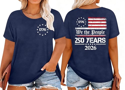 Image of Ithalt Patriotic Plus Size Shirts for Women 250th Anniversary USA Shirts American Flag Tshirt USA Short Sleeve Tops