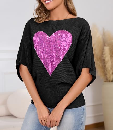 Image of PESION Womens Sequin Dolman Sweaters Short Sleeves Batwing Knitted Pullovers Tops Sweatershirts Blouses, Black+ Pink Heart