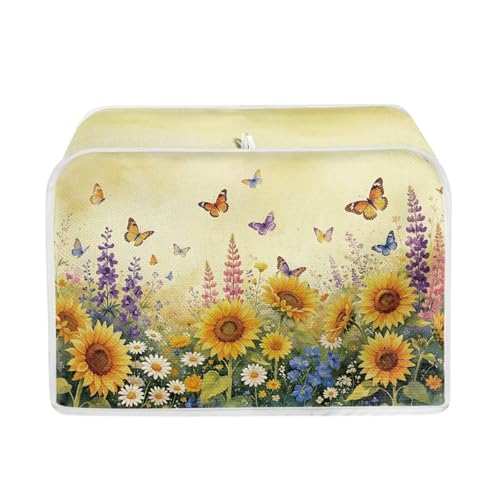 Image of Talayituse Sunflower Flower Butterfly Print Toaster Cover 2 Slice Wide Slot, Lightweight Bread Maker Cover Dust Protection Washable Appliance Bag, S