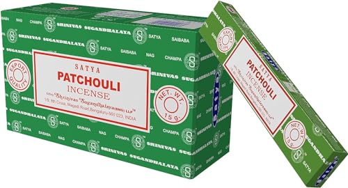 Satya Nag Champa Lot de 12 paquets de bâtons d'encens Patchouli 100 % naturels faits à la main pour soulager le stress, la décoration spirituelle, l'bavure...