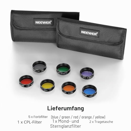 Neewer Filter-Set, 3,17 cm, Teleskop Mond, CPL Filter, Filter in 5 Farben (rot, orange, gelb, grün, blau), Augenfilter in der Planetarbeobachtung des Mondes